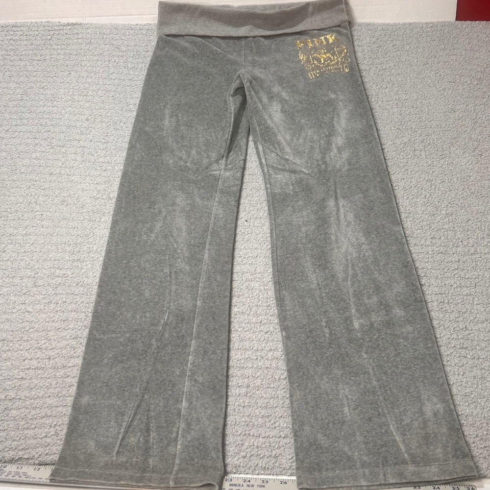 PINK Victoria's Secret Velour Flare Pants M Gray Y2K‎ McBling Wide Leg Foldover